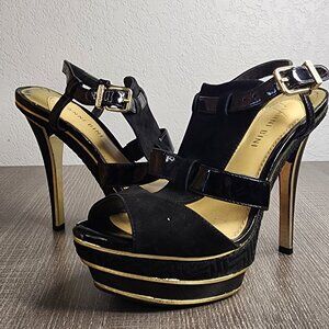 Gianni Bini 4” Stilettos Peep Toe Ankle Strap Black Patent Leather Platform Sz 9